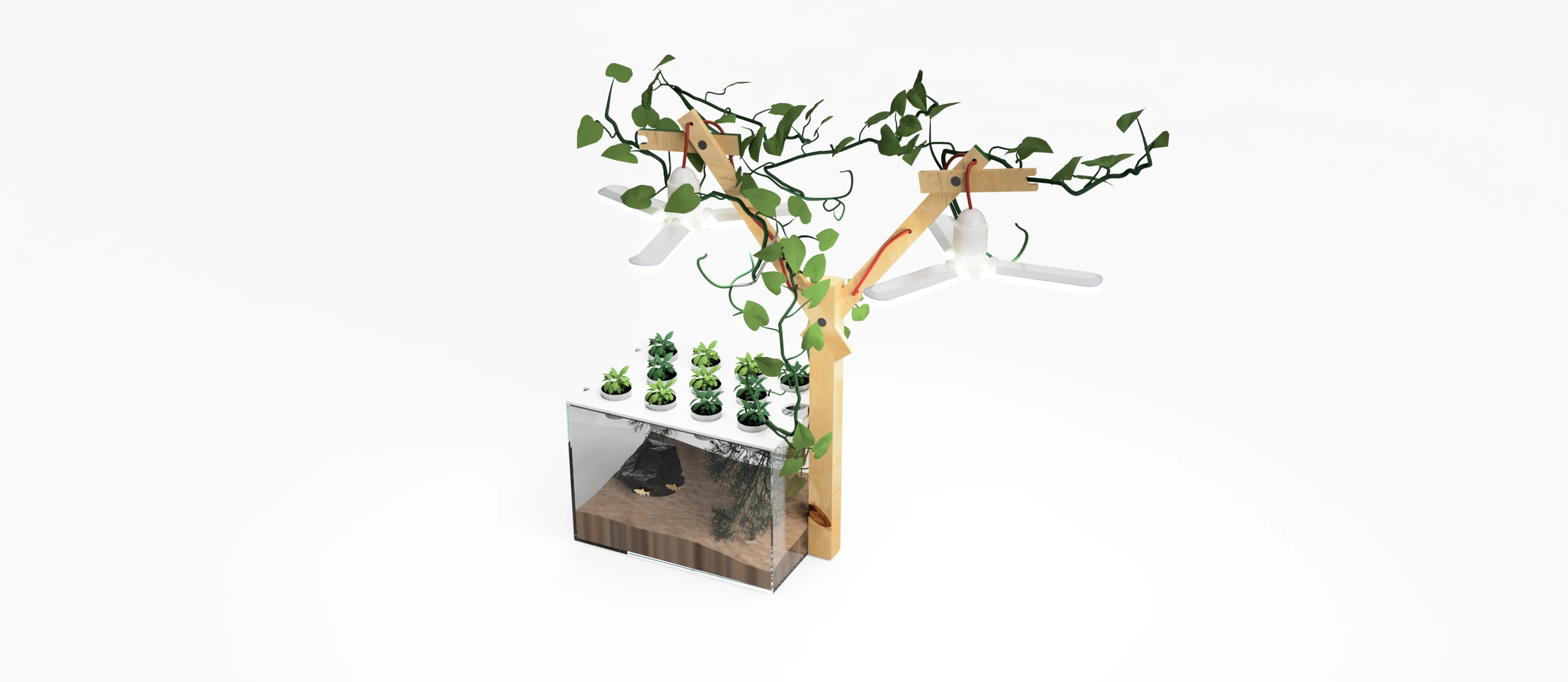 Rendered Farmwall Pocket Y-Frame showing aquarium, growing cups, climbing plants and two grow lights