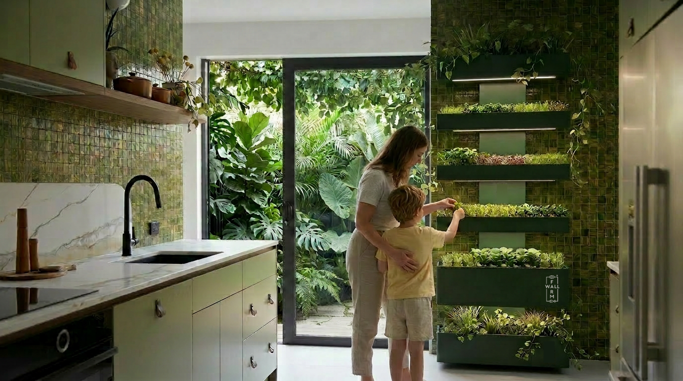A parent and child picking greens from a Farmwall BioRise in a home kitchen
