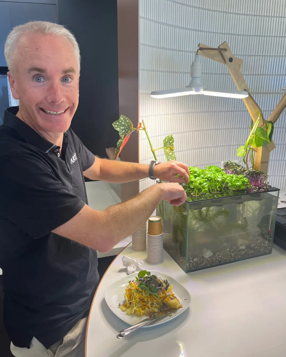 A smiling man picking basil from a Farmwall Pocket beside his plate