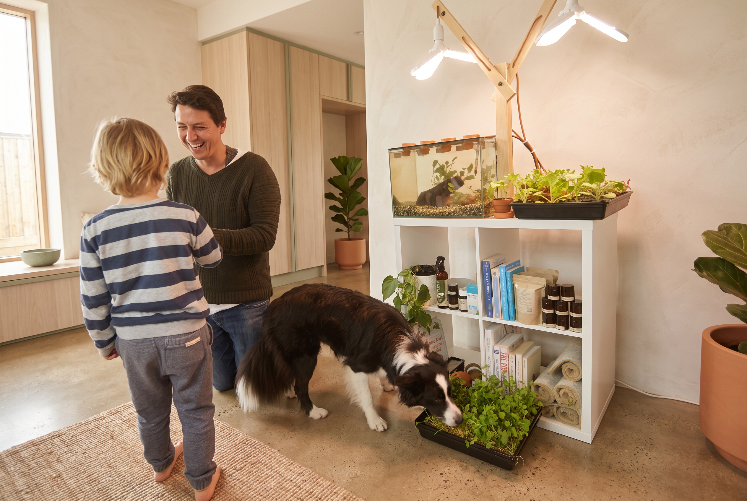 Family engaging with a Farmwall living food display