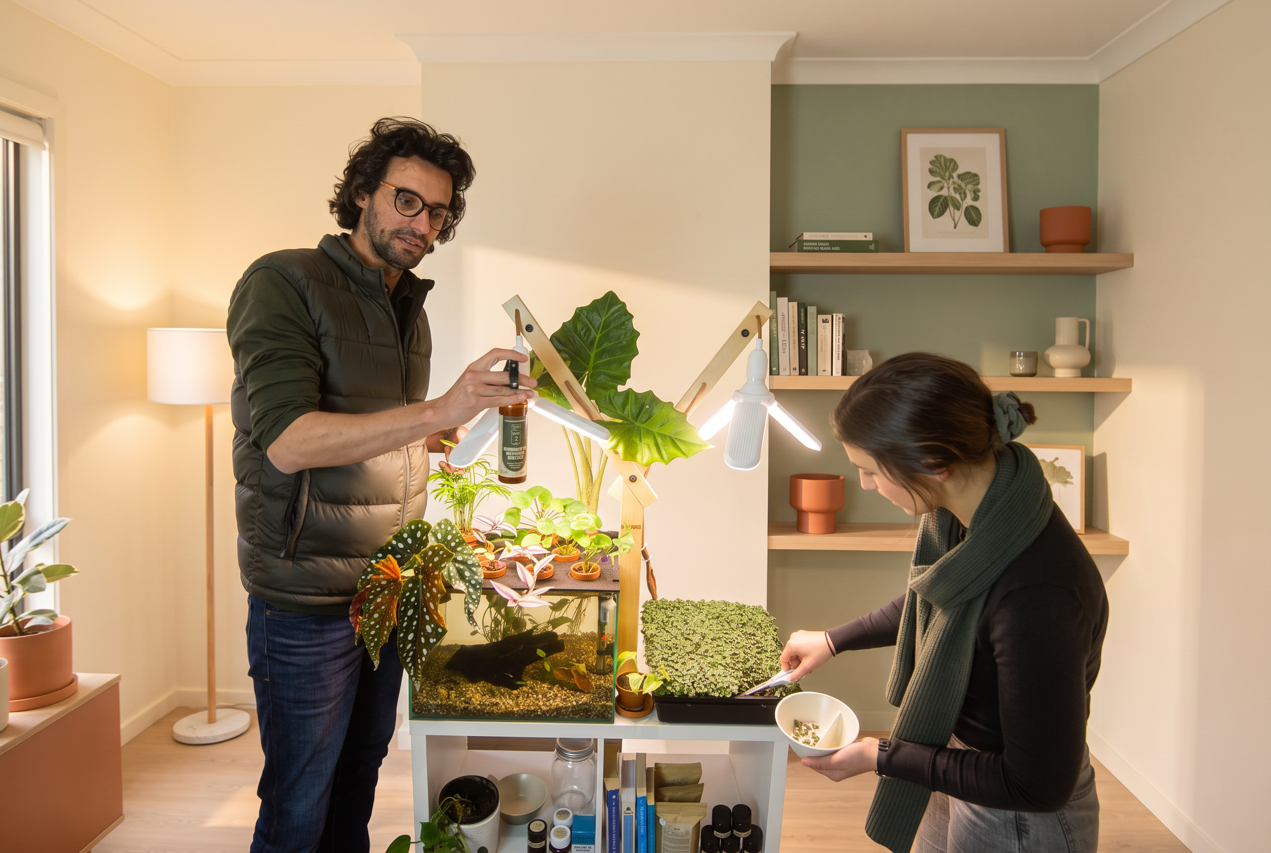 Historical Farmwall growing pilot with people tending a living system