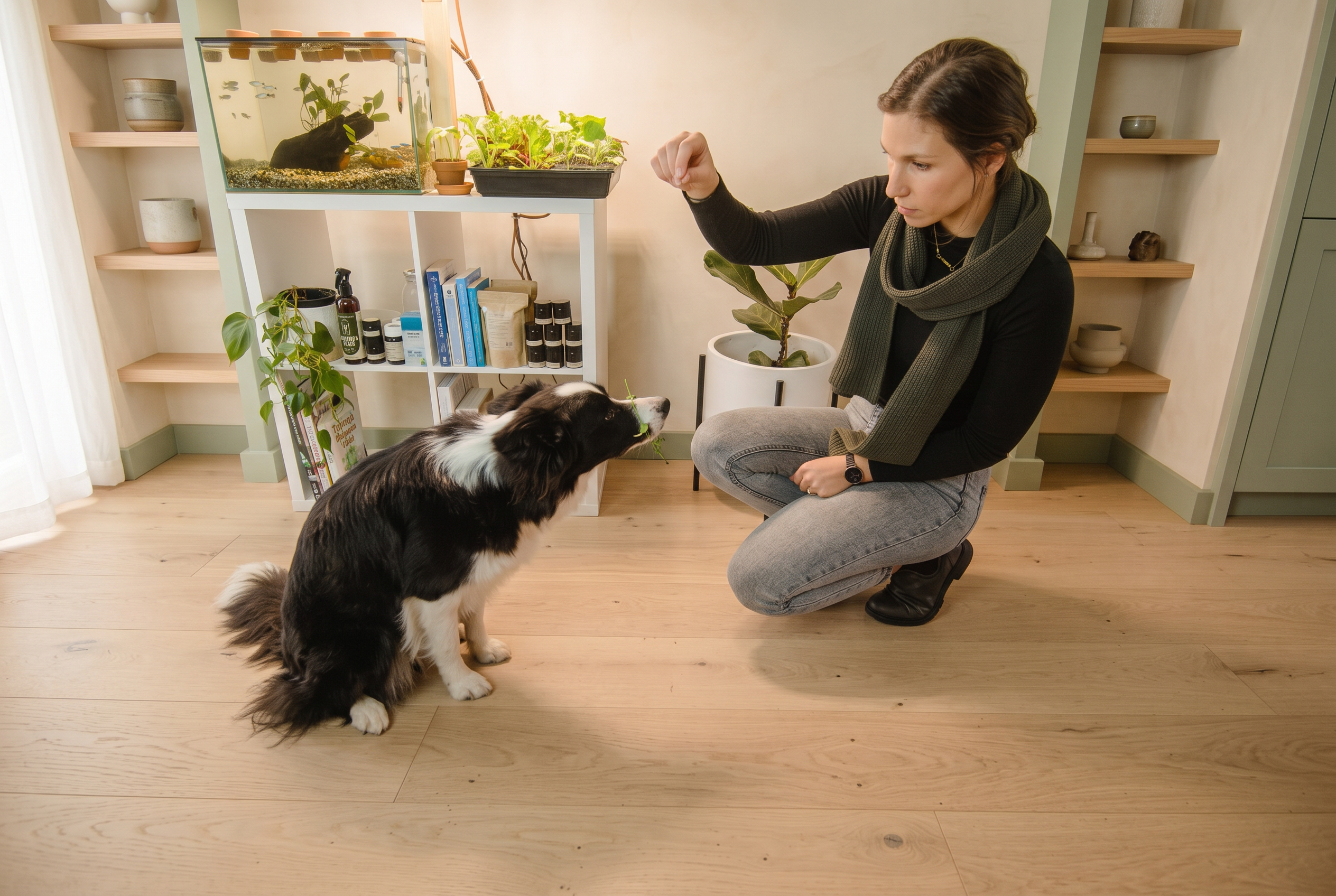 A dog observing the indoor food-growing display