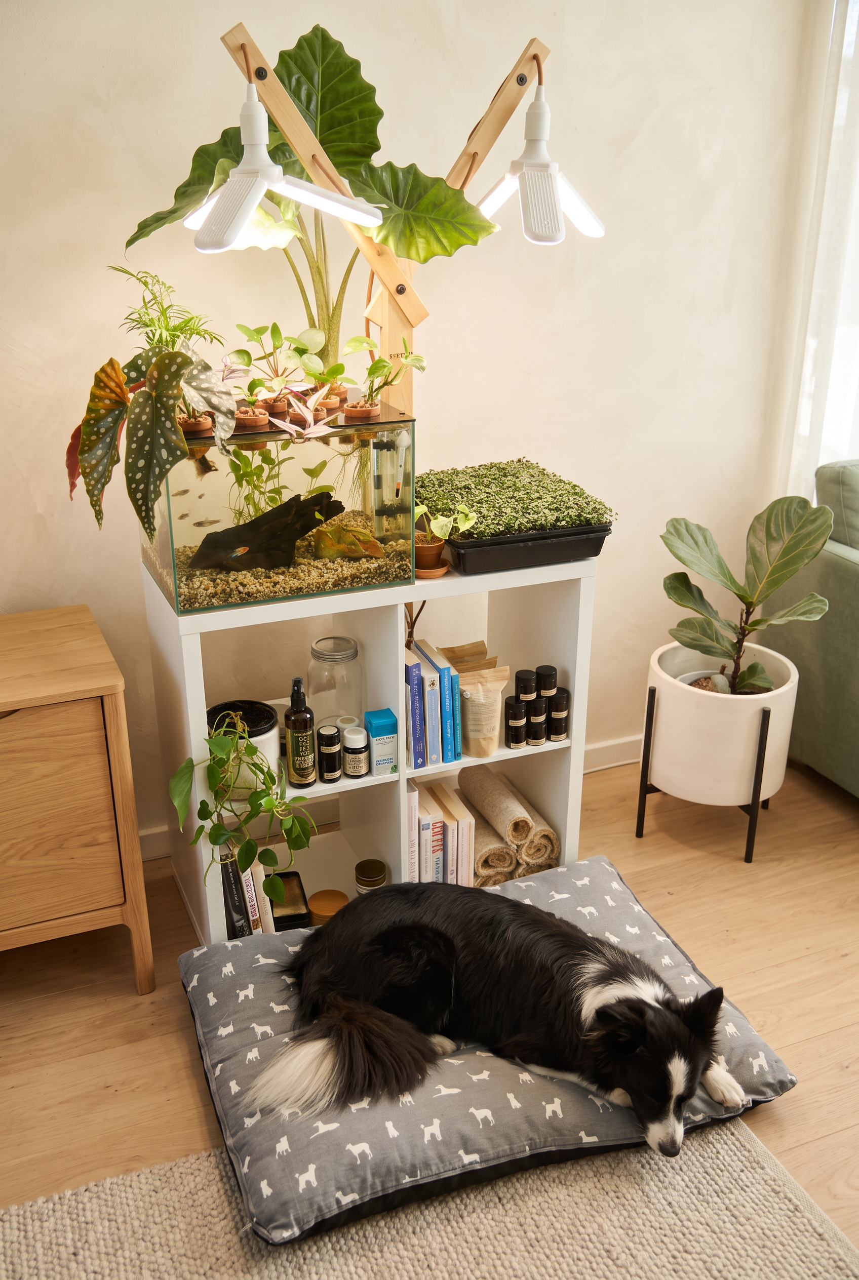 Edited home scene of Farmwall Pocket with aquarium, greens and two grow lights
